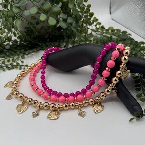 Lilly Pulitzer Gold Tone Triple Strand Pink Necklace with Heart Charms